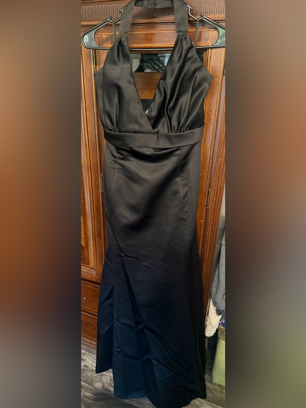DaVinci Black Satin Halter Evening Gown